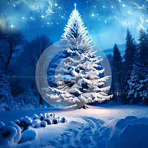 Romantic illustration of Christmas tree covered withs snow in winter nature