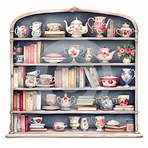 Romantic Illustration: A Collection Of Books And Tea Rooms On A Blue Shelf