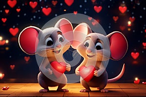 A romantic illustration of a pair of cartoon mice deeply in love, with a heart, Valentines Day