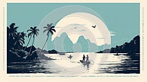Romantic Illustration Of Palm Trees And Boat In Kai Fjell Style