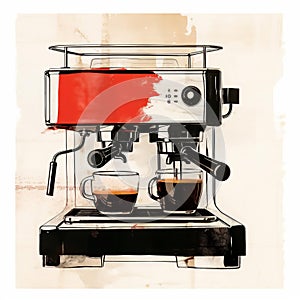 Romantic Illustration Of Retro Coffee Machine With Two Cups