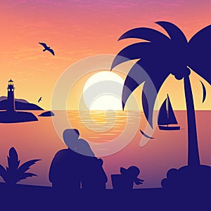 Romantic illustration of sunset or sunrise in the sea with beloved couple silhouette