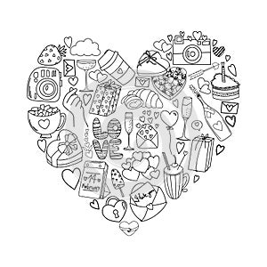 Romantic illustration to Valentine\'s Day, heart of hand drawn elements in doodle style