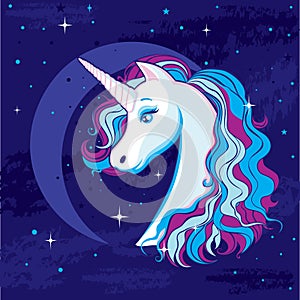 Romantic illustration with a unicorn on the background of the moon and the starry sky.