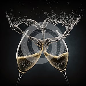 Romantic Image of two champagne glasses with splash on valentine`s day. Ai generated art