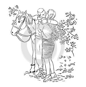 A kiss of a young couple in love sketch style next to the horse