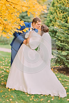 Romantic kiss of newly married couple under tree with yellow leaves in autumn park