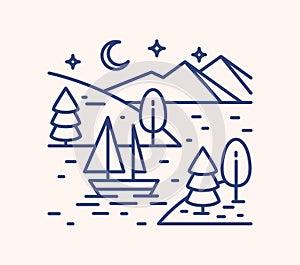 Romantic lake trip on starry night lineart illustration. Linear sailboat in mountain lagoon waters. Outdoor recreation