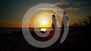 Romantic Lakeside Sunset, Couples Silhouette Against Evening Glow