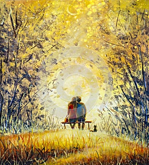 Romantic landscape - A loving couple and cat - young man and beautiful girl are sitting on bench and enjoying beautiful view of ye