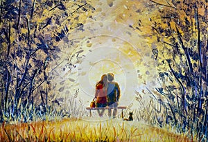 Romantic landscape - A loving couple and cat - young man and beautiful girl are sitting on bench and enjoying beautiful view of ye