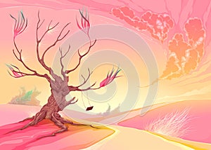 Romantic landscape with tree and sunset