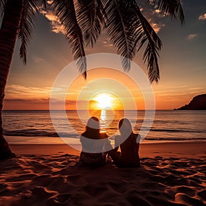 Romantic lesbian couple on beach at sunset