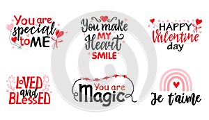 Romantic lettering set. Black, white and red hand written lettering about love to valentines day design poster, greeting