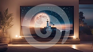 Romantic lighthouse near Atlantic seaboard shining at night on a 4k plasma tv in a modern living room