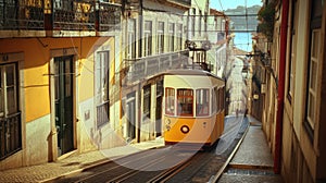 Romantic Lisbon street with the typical yellow tram and Lisbon Cathedral on the background