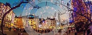 Romantic Ljubljana`s city center decorated for Christmas holidays. Preseren`s square, Ljubljana, Slovenia, Europe