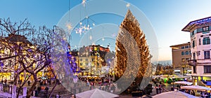 Romantic Ljubljana`s city center decorated for Christmas holidays. Preseren`s square, Ljubljana, Slovenia, Europe