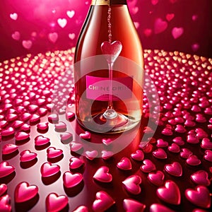 Romantic love celebration, champagne and pink hearts