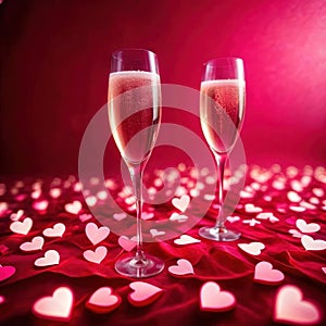 Romantic love celebration, champagne and pink hearts