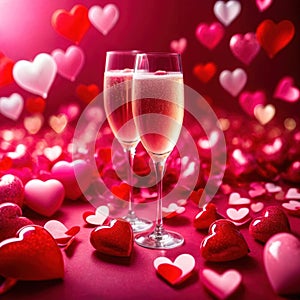 Romantic love celebration, champagne and pink hearts