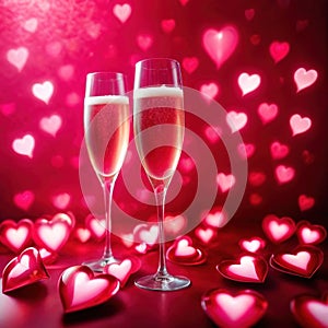 Romantic love celebration, champagne and pink hearts