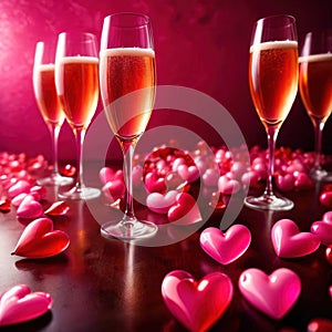 Romantic love celebration, champagne and pink hearts