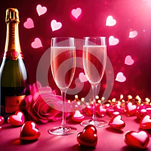 Romantic love celebration, champagne and pink hearts