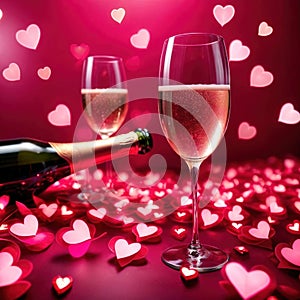 Romantic love celebration, champagne and pink hearts