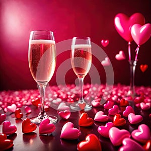 Romantic love celebration, champagne and pink hearts