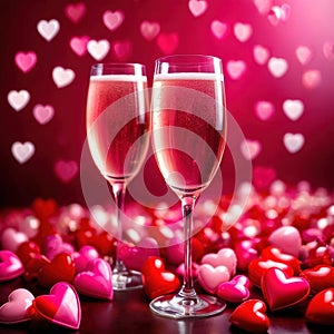 Romantic love celebration, champagne and pink hearts