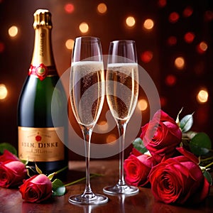 Romantic love celebration, champagne and roses to celebrate Valentines