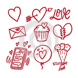 Romantic love doodle elements set. Hand drawn red color line art style vector illustration.