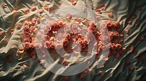 Romantic Love Spelled with Pink Roses on a Soft Bed