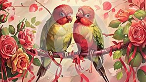 Romantic Lovebirds Perched Amidst Blossoming Roses