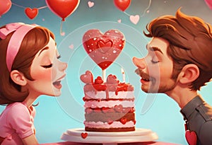 A romantic a loving couple cherishes their dessert together, celebrating Valentine\'s Day in a