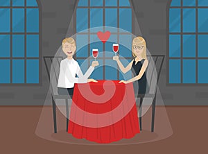 Romantic Loving Couple Sitting in Restaurant or Cafe, Happy Young Man and Woman on Romantic Date Vector Illustration