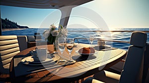 a romantic lunch on a motor yacht, a luxurious dining setup with attention to detail, capturing the ambiance and