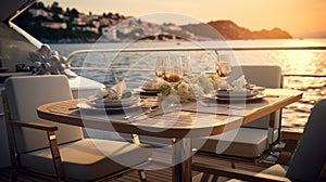 a romantic lunch on a motor yacht, a luxurious dining setup with attention to detail, capturing the ambiance and