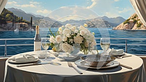 a romantic lunch on a motor yacht, a luxurious dining setup with attention to detail, capturing the ambiance and