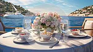 a romantic lunch on a motor yacht, a luxurious dining setup with attention to detail, capturing the ambiance and
