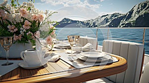 a romantic lunch on a motor yacht, a luxurious dining setup with attention to detail, capturing the ambiance and