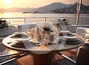 romantic lunch on motor yacht at sunset, Table setting at a luxury yacht. Created with Generative AI technology.