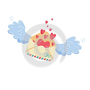 Romantic mail concept. Closed envelope with heart stamp flying on blue angel wings to addressee. Valentine`s day symbol of love