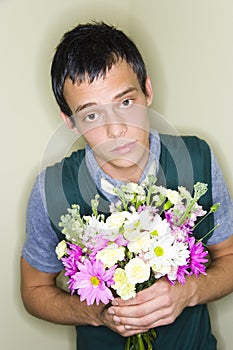 Romantic man with bouquet