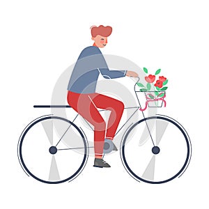 Romantic Man Riding Bike with Bouquet of Flowers in Basket Vector Illustration