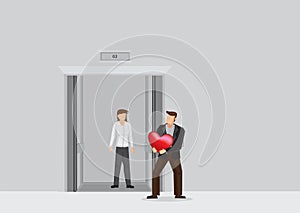 Romantic Man Surprises Girlfriend at Elevator Lobby Cartoon Vector Illustration