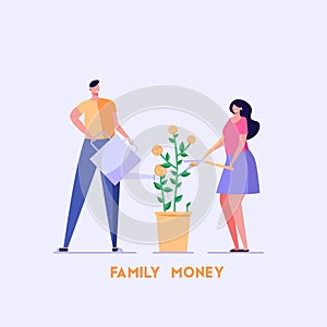 Romantic man and woman water and care for the money tree. Happy family or couple with skissors works in garden. Concept of family