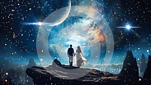 romantic man and woman in white dress on earth a watching the surface of the moon,planet nebula