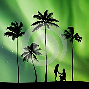Romantic marriage proposal on palm beach at night